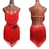 Sparkly Rhinestones Latin Dance Dresses For Women S-L Red Sexy Salsa Fringe Skirt Evening Dress Ballroom Competition Clothes316Y