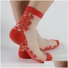 Socks Hosiery Women Trathin Transparent Glitter Crystal Glass Silk Beautif Lace Shiny Elastic Short Meias Drop Delivery Apparel Un Dhyj5