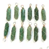 Charms Gold Wire Wrap Natural Stone Green Pillar Shape Point Chakra Pendants For Jewelry Making Wholesale Handmade Craft Bk Drop Del Dhikc