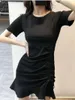 カジュアルドレスドレス夏の婦人服黒ショートコットン巾着スリムフィット韓国ファッションレジャーフリルレースTシャツ