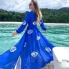 Roupa de banho feminina vestido de praia completo maiô feminino 2023 roupas de verão para tong cardigan estampa azul olhos maus elastano encobrir biquíni feminino