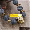 Beaded Strands Bracelets Jewelry 8Mm Black Beaded Bracelet Weathering Agate Leopard Head Alloy Gold Fashion Men Accessories