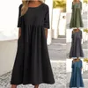 Robes décontractées de base 2023 vintage Solide Demi Manches Lâche Coton Lin Poche Dres Loisirs Fit Été Bleu Noir Tunicas 230701