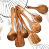 Spoons Teak Wood Tableware Spoon Colander Long Handle Wooden Non-Stick Special Cooking Spata Kitchen Tool Utensils Kitchenware Gift Dhpg4