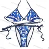 Mulheres Swimwear Azul Branco Porcelana Jacquard Bikini Set Clássico Designer de Luxo Moda Banheira Suit247w