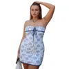 Robes décontractées imprimé fleuri hors épaule femmes robe femme élégante à lacets bleu métal bouton maigre printemps vacances dame Mini