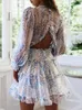 Womens Casual Dresses Spring Summer Deep V Neck Ruffle Long Sleeve Floral Print Mini Dress