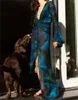 Robes décontractées Mode Femmes Crème Solaire Smock Robe À Manches Longues Col En V Imprimé Split Taille Ceinture Piscine Plage Peau Amical S M L