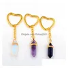 Keychains Lanyards Gold Hexagon Prism Reiki Healing Natural Stone Chakra Amethyst Pink Rose Crystal Heart Key Rings Keyrings Women Dhcmn