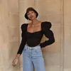 QNPQYX Neue Mode Puff Sleeve T Shirts Crop Top Frauen Langarm Bustier Top Herbst Damen Schwarz/weiß Elegante top Streetwear