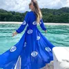 Roupa de banho feminina vestido de praia completo maiô feminino 2023 roupas de verão para tong cardigan estampa azul olhos maus elastano encobrir biquíni feminino