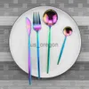 Dinnerware Sets 4pcs Gold Dinnerware Set 304 Stainless Steel Rainbow Cutlery Set Knife Fork Spoon Teaspoon Tableware Set Kitchen Silverware Set x0703