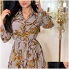 Basic Casual Jurken Mode Frans Elegant Voor Dames Zomer Retro Print Moslim Dubai Abaya Revers Single-Breasted Lange mouw Shir Dhhn3