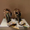 Diseño Sandalias metálicas Zapatos Adornados con cristales Tobillo-Tie Stone Stud Tacones de aguja Tacones para mujer Fiesta Noche Bombas con punta estrecha EU35-42