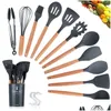 Ustensiles de cuisine 9/11/12Pcs Sile Set Antiadhésif Spata Pelle Manche En Bois Outils Avec Boîte De Rangement Cuisine 407 Drop Delivery Home Gard Dhduj