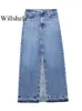 Jupes Willshela femmes mode Denim bleu solide avant fermeture éclair fente Maxi jupe Vintage taille haute femme Chic dame 230703