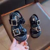 Sandals Summer Girl's Sandals Rhinestone Chunky Soft Leather Kids Sliders Comfy Nonslip 2635 Open Toe Stylish Black Beige Kids Shoes J230703