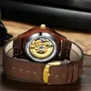 Horloges IK Coloring Heren Hout Luxe Gouden Skelet Mechanische Houten Kast Leren Band Automatische Mannelijke Pols Dropshipping 0703