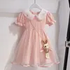 Girl Dresses 3-11Y Girls Summer Short-Sleeved Dress 2023 Children's Pink Doll Collar Plaid Princess Skirt