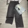 Pantalon en denim ample évasé plissé bleu noir