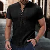 Herren T-Shirts Herren Vintage Button Sommer Tops V-Ausschnitt Bluse Lässige Baumwolle Leinenhemd Männer Strand Kurzarm Homme T-Shirts