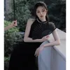 Abbigliamento etnico Vintage Sexy Senza maniche Femminile Migliorato Qipao Classico Elegante colletto alla coreana Nero Cheongsam Slim Split Abito cinese