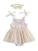 Girl Dresses Baby Girls Lace Floral Print Romper Dress Sleeveless Bodysuit Summer Princess Clothes With Bowknot Headband Set