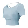 Chemises actives à manches courtes femmes chemise de Yoga solide dos croisé Gym entraînement vêtements de sport respirant séchage rapide haut court vêtements de Fitness