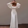 Stylish Sheer O Neck Wedding Dresses Long Puffy Sleeves Bridal Gown Pearls Satin A Line Country Wedding Gowns