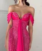 Fashion Rosy Pink Sequins Prom Dresses Off Shoulder Evening Gowns Pleats Slit Formal Red Carpet Long Special Occasion Party dress