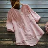 Damenblusen 2023 Vintage-Sommeroberteile Damen-Stickbluse Solide Tunika Lässige Kurzarmhemden Damen-Pulloverhemd mit V-Ausschnitt