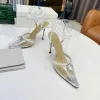 Moda Sandalias de tacón alto 100% Cuero verano Mujer Tacón fino Tacones zapato sexy Perla Satén Zapatos de mujer tela dama Diamantes Zapatos puntiagudos Tamaño grande 34-42