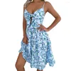 Vestidos casuais para mulheres vestido com decote em V decoração com laço para verão oco babado bainha fluida tipoia com estampa de folhas florais sem costas nas costas