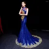 Abbigliamento etnico Ricamo pavone Stile cinese Lungo trascinamento Cheongsam Sexy Slim Party Abito da sera Stage Dance Dressing Qipao Vestidos