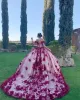Fantastic 3D Flowers Butterfly Burgundy Quinceanera Dresses Ball Gown Off Shoulders Ruched Long Prom Evening Gowns Mexicians Sweet 15 16 Dress Vestidos