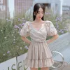 Dambadkläder Lyxiga japanska damer 2023 Baddräkt i ett stycke Spetsärmar Dubbla kjolar Små bröst samlade semester Simning