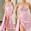 Fashion Light Pink Prom Dresses Sequins Sweetheart Evening Gowns Waist Decor Pleats Slit Formal Red Carpet Long Special Ocn Party Dress