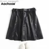 スカート Aachoae シックな女性黒 PU フェイクレザースカートベルト付きハイウエストレディースミニスカート女性 A ラインファッションスカート Z230704