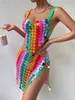 Tvådelt klänning Rainbow Sequins Sexiga kvinnor 2 uppsättningar Se genom backless Crop Top Split Mini Kirt Club Party Beach Rave Festival Outfits 230630