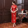 Ethnische Kleidung Neuartige Kleidung Chinesisches weibliches Satinkostüm Prominente Eleganter langer Cheongsam Qipao Stehkragen