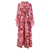 فستان ربيع وخريف 2023 جديد من الحرير شيفون طباعة كبيرة أرجوحة V- رقص الأكمام الزهرة الحمر
