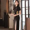 Ubranie etniczne elegancka czarna qipao ulepszona cheongsam seksowna chińska sukienki haftowe kwiaty satynowe sos sosu