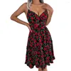 Vestidos casuais para mulheres vestido com decote em V decoração com laço para verão oco babado bainha fluida tipoia com estampa de folhas florais sem costas nas costas