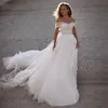 Chic Bohemian Off the Shoulder Wedding Wedding Dresses Frisado Drapeado Vestido de Noiva Linha A Tule Vestido de verão vestido de mariee