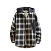 Chemises décontractées pour hommes Plaid hommes chemise à manches longues lâche japonais Streetwear mode 2023 avec capuche Plus taille asiatique M-5XL