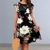Casual Dresses Women Midi Dress Flower Print Rich Colors Flying Sleeves Ruffle Loose Hem Dating O Neck Commute Summer