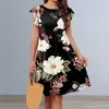 Vestidos casuais femininos vestido midi com estampa de flores cores ricas mangas voadoras babado bainha solta namoro o pescoço comutar verão