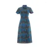 Ropa étnica Azul Mujeres Elegante Cheongsam Vestidso Vintage Mandarín Collar Corto Estampado Qipao Sexy A-Line Satin Prom Party Bata