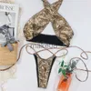 Damen-Bademode, Damen-Bikini-Set aus Fax-Leder, goldfarben, mit Pailletten, gepolsterter BH, Bügelfalte, Bandeau-Badeanzug, glitzernde Strand-Bademode, Splitter-Halter-Badeanzug, J230704