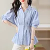 Blusas Femininas Blusa de Verão Moda Coreana Feminina Decote em V Cintura Fina Plissada Peplum Tops Para Senhoras Elegante Dobras Manga Puff Camisas com Laço